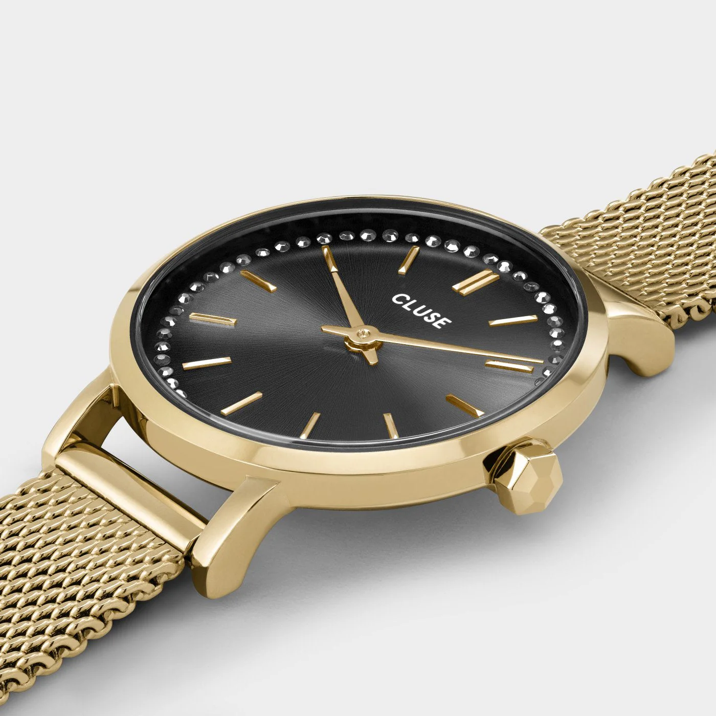 Boho Chic Petite Watch Mesh Crystals, Grey, Gold Colour - Image 3