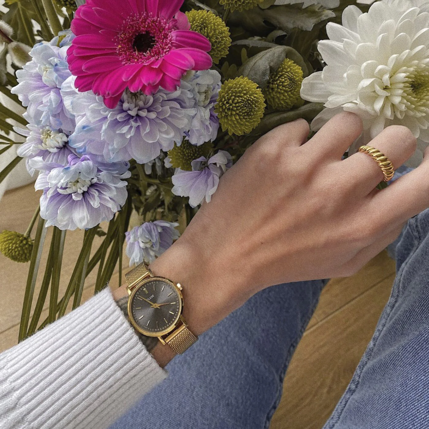 Boho Chic Petite Watch Mesh Crystals, Grey, Gold Colour - Image 6