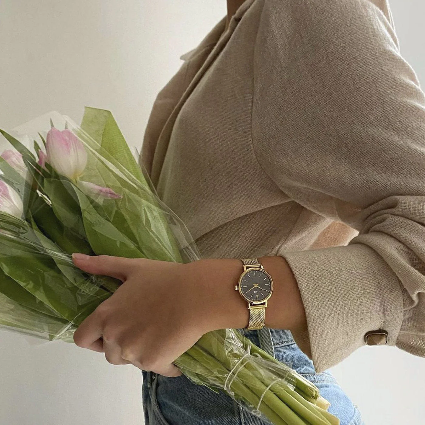 Boho Chic Petite Watch Mesh Crystals, Grey, Gold Colour - Image 7