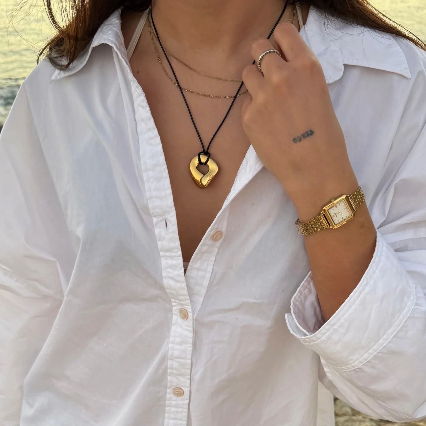 Élevé Irregular Leather Necklace, Gold Colour - Image 7