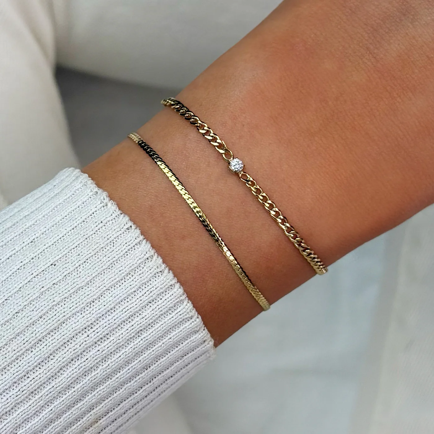 Élevé Zirconia & Flat Snake Chain Bracelet Set, Gold Colour - Image 2