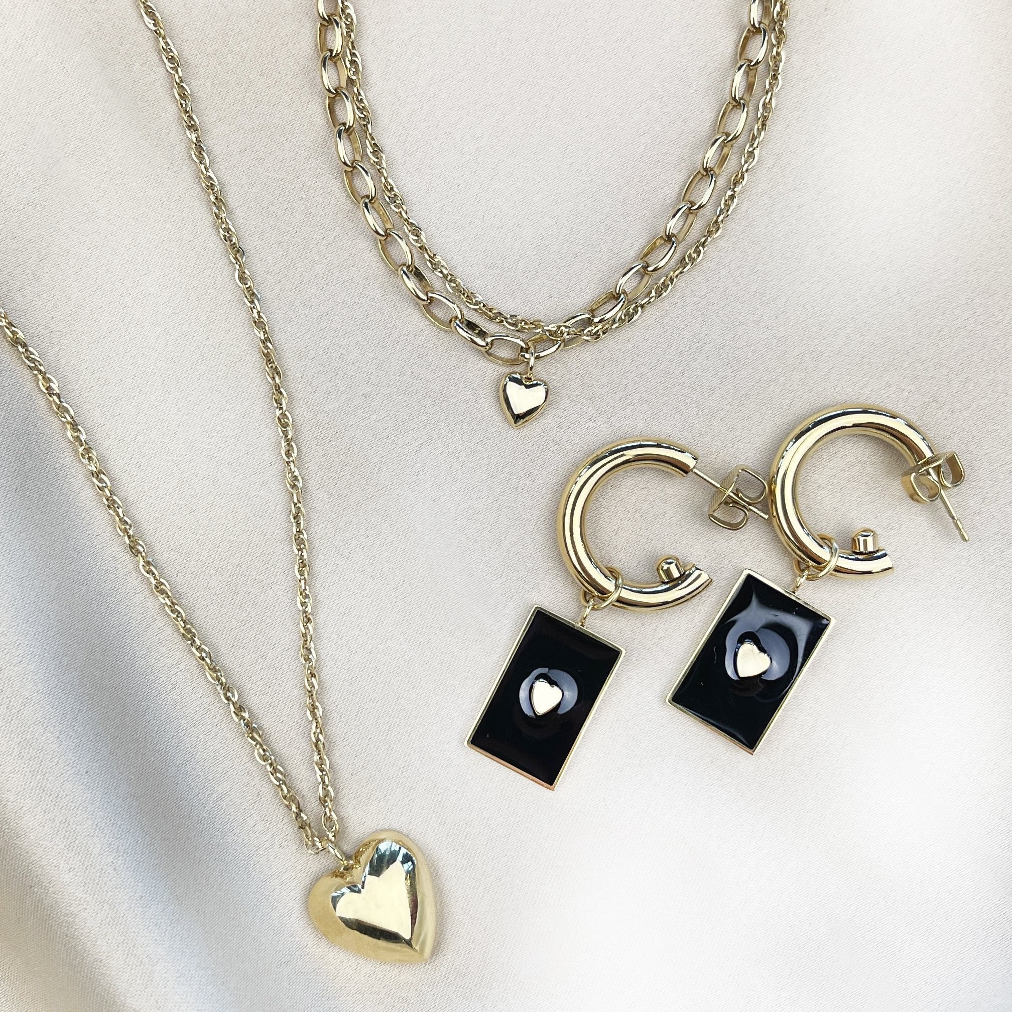Essentielle Black Rectangular Charm Hoop Earrings, Gold Colour - Image 3