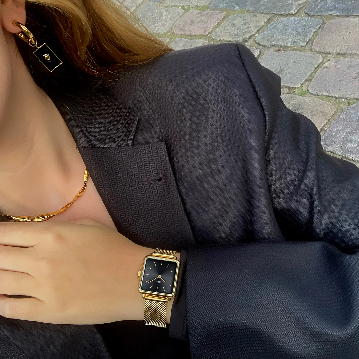 Essentielle Black Rectangular Charm Hoop Earrings, Gold Colour - Image 4