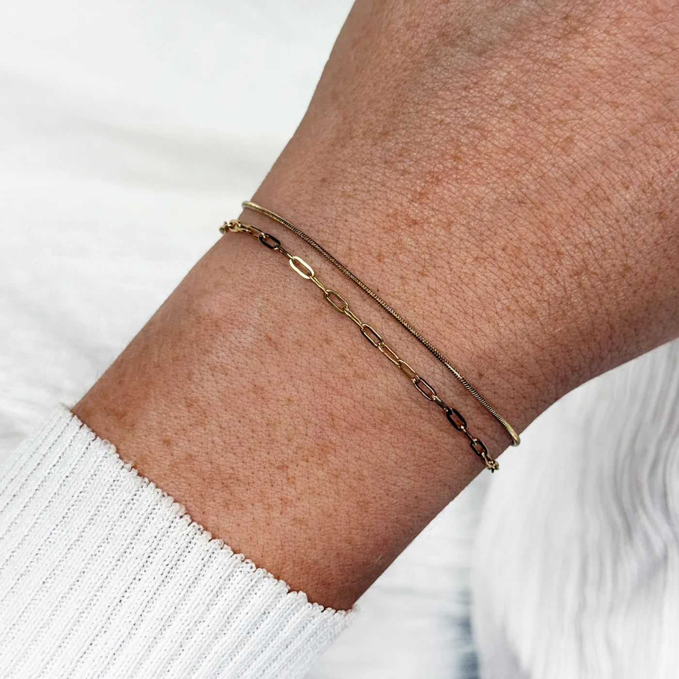 Essentielle Paperclip & Round Snake Chain Bracelet Set, Gold Colour - Image 2