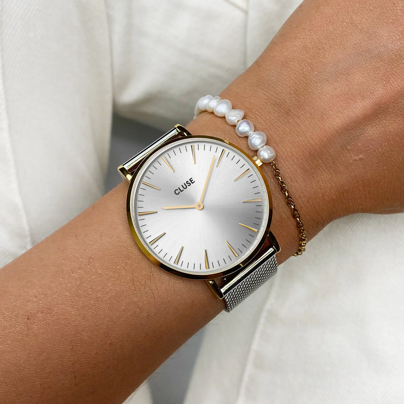 Gift Box Boho Chic Watch Mesh, Two-Tone & Mixed Chain Pearl Bracelet, Gold Colour - Image 2