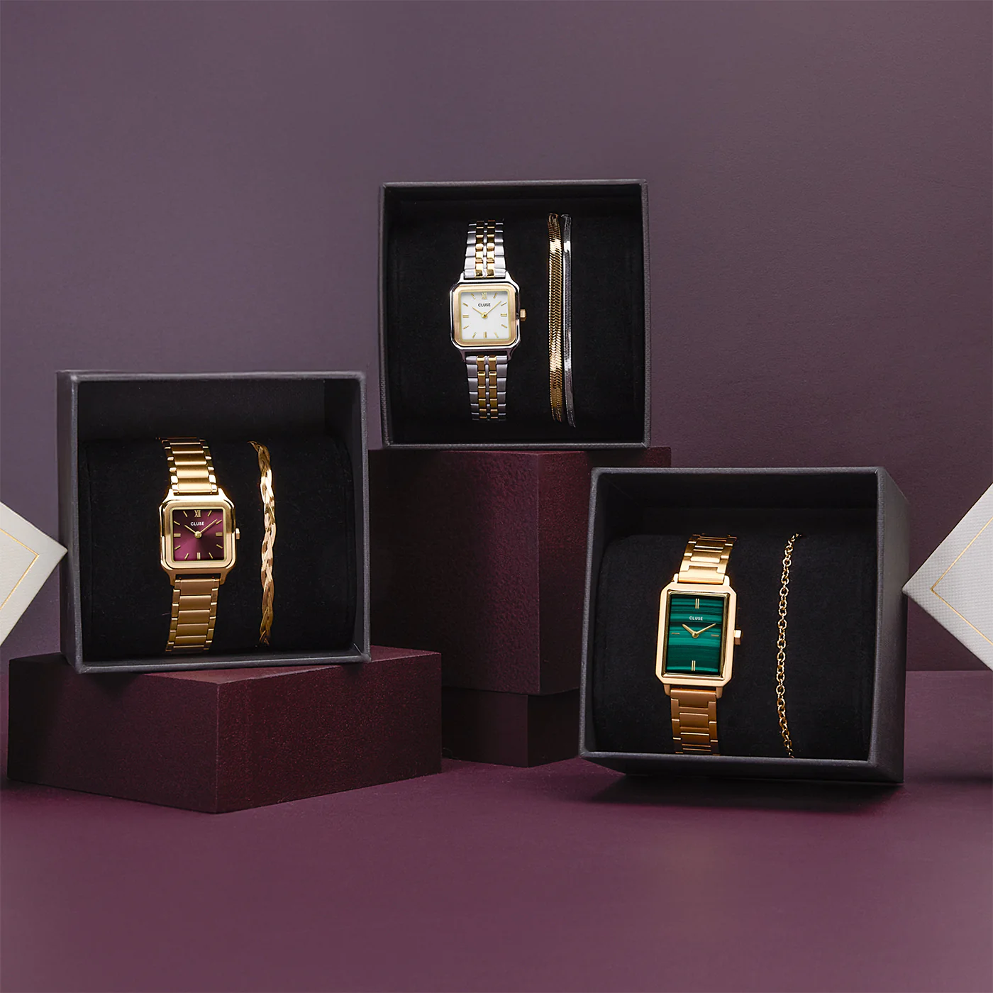 Gift Box Gracieuse Petite Watch Steel, Dark Cherry & Braided Snake Bracelet, Gold Colour - Image 12
