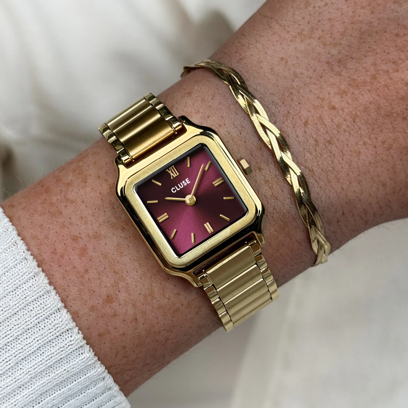 Gift Box Gracieuse Petite Watch Steel, Dark Cherry & Braided Snake Bracelet, Gold Colour - Image 2