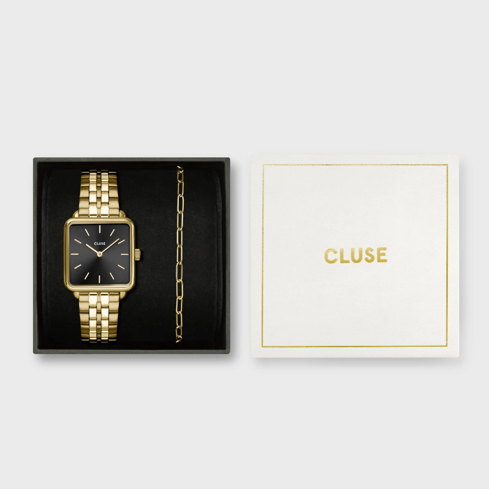 Gift Box La Tétragone Watch Steel, Black & Paperclip Chain Bracelet, Gold Colour - Image 7