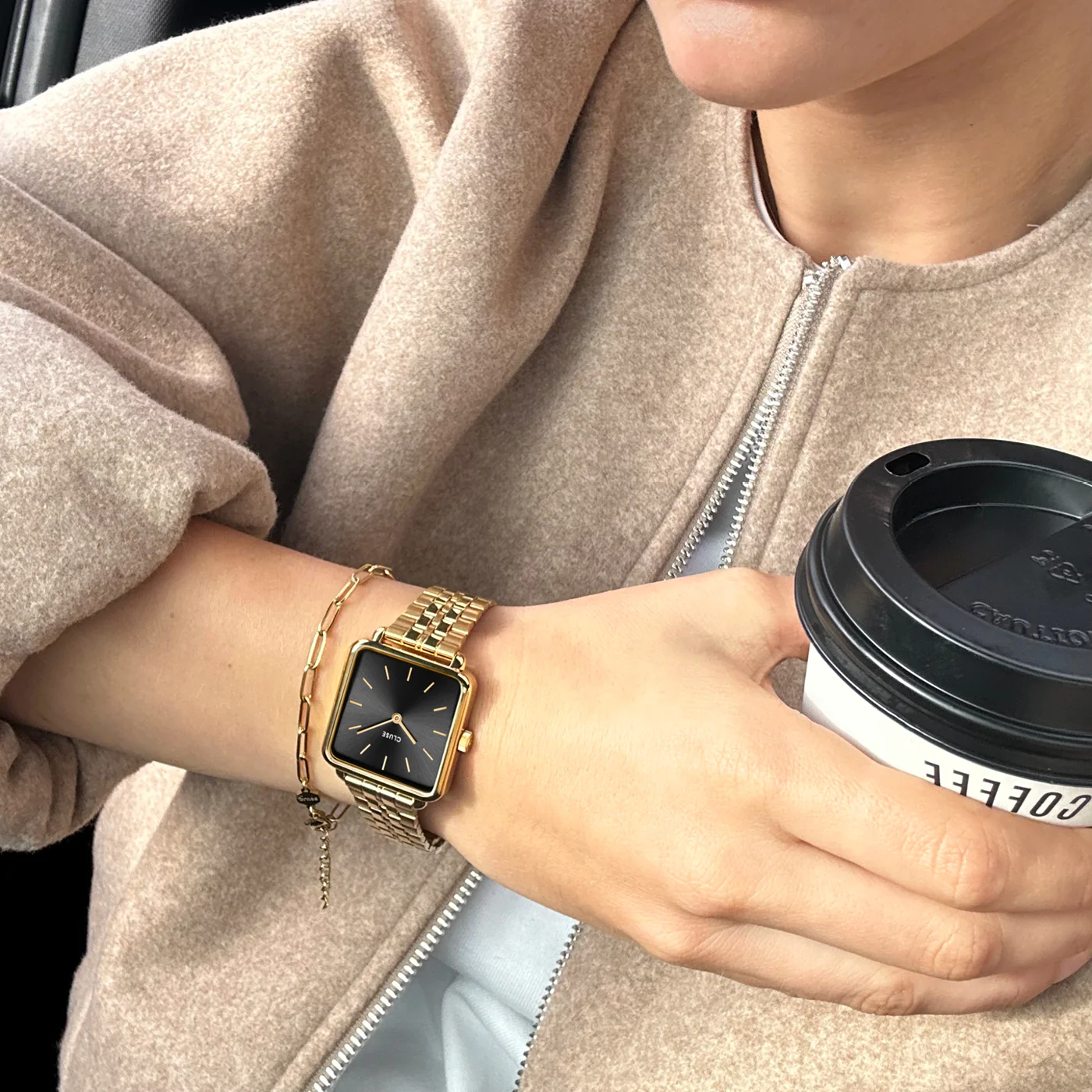 Gift Box La Tétragone Watch Steel, Black & Paperclip Chain Bracelet, Gold Colour - Image 9