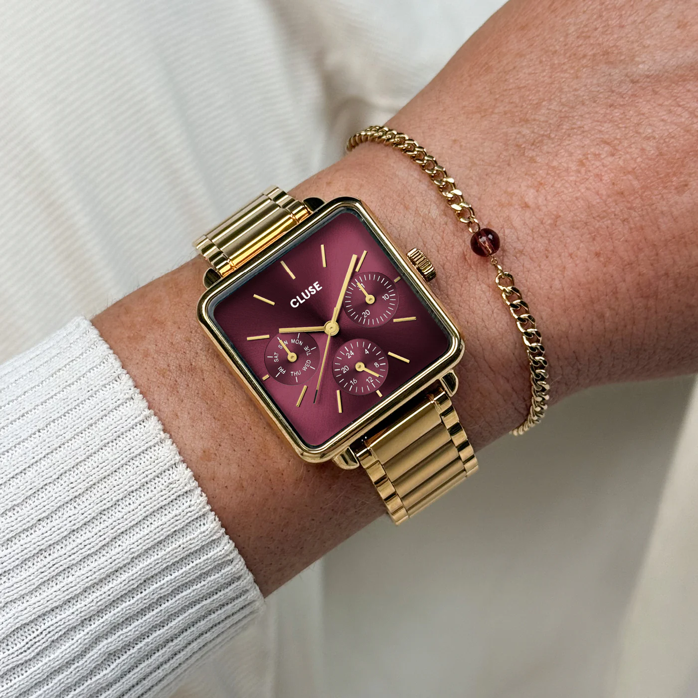Gift Box La Tétragone Multifunction Watch Steel, Dark Cherry & Bead Bracelet, Gold Colour - Image 2