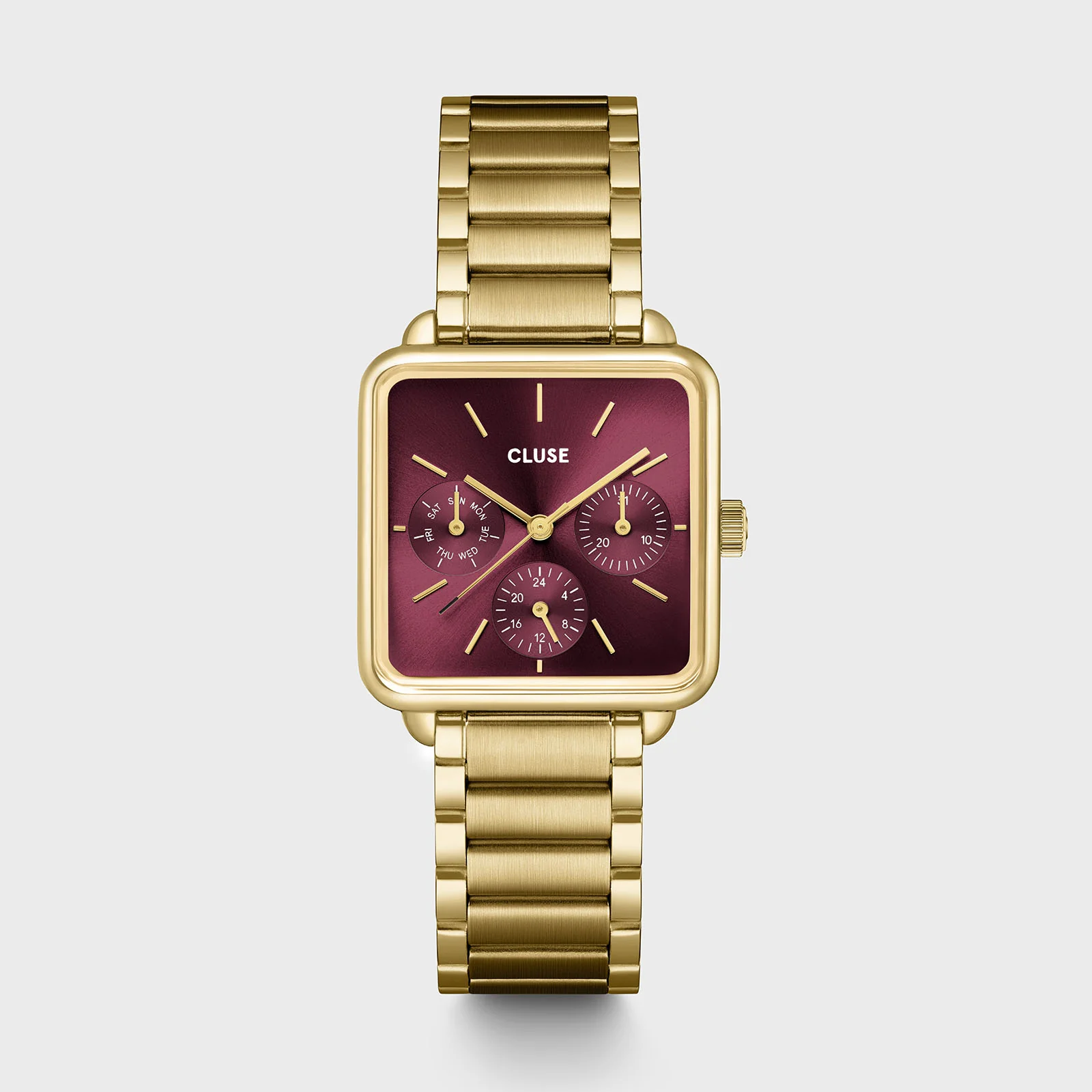Gift Box La Tétragone Multifunction Watch Steel, Dark Cherry & Bead Bracelet, Gold Colour - Image 3