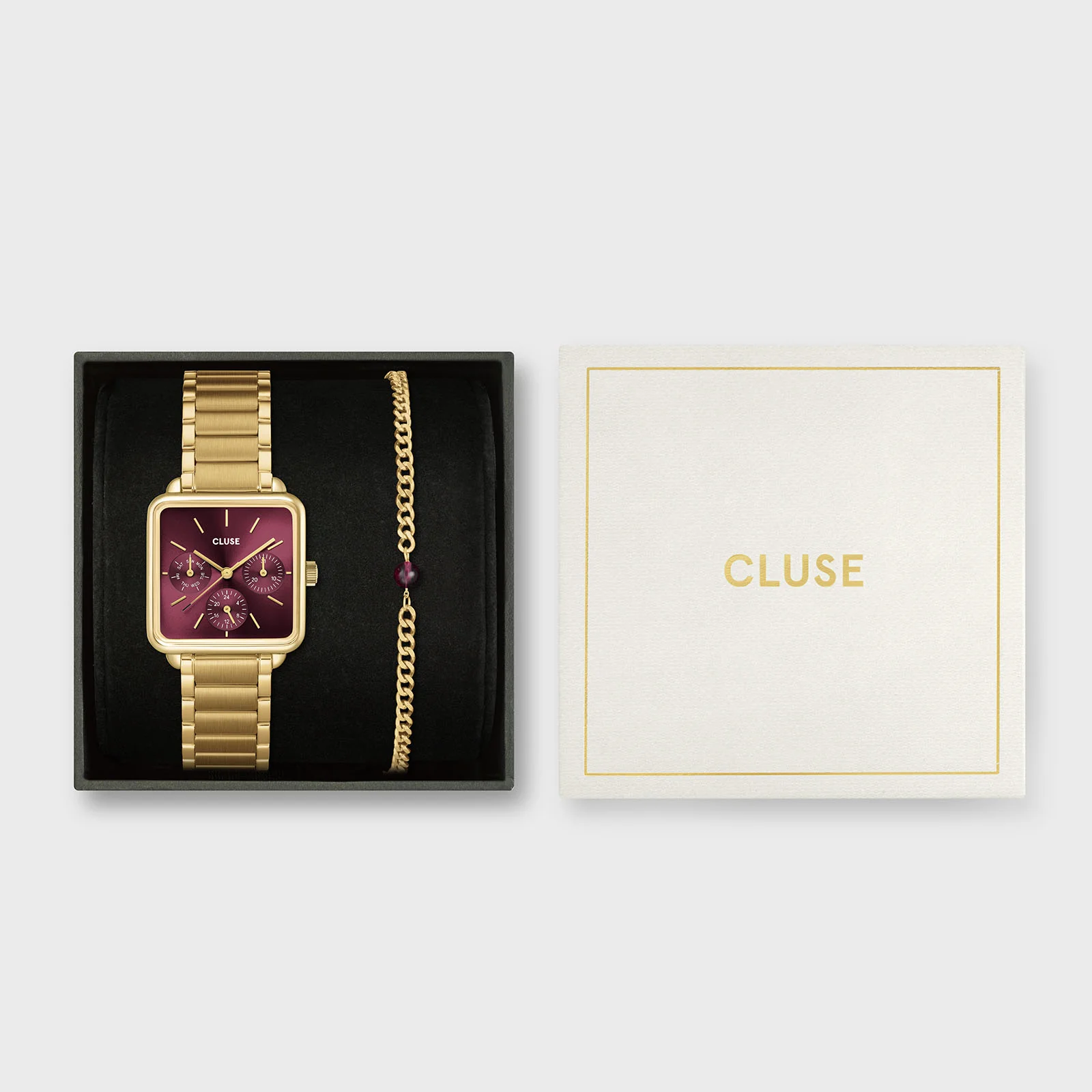 Gift Box La Tétragone Multifunction Watch Steel, Dark Cherry & Bead Bracelet, Gold Colour - Image 7