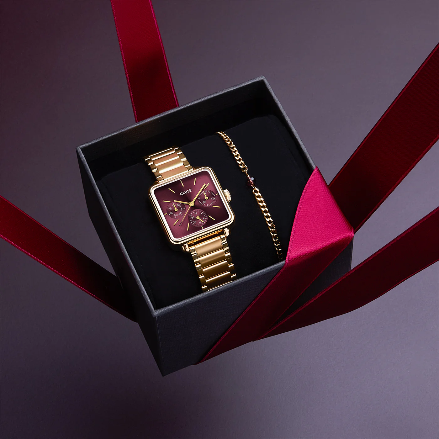 Gift Box La Tétragone Multifunction Watch Steel, Dark Cherry & Bead Bracelet, Gold Colour - Image 9