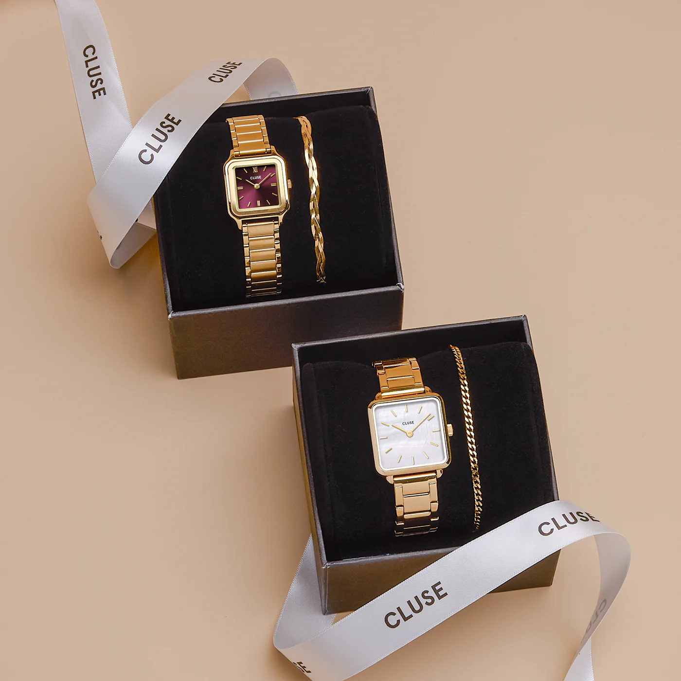 Gift Box La Tétragone Watch Steel, White Pearl & Curb Chain Bracelet, Gold Colour - Image 12