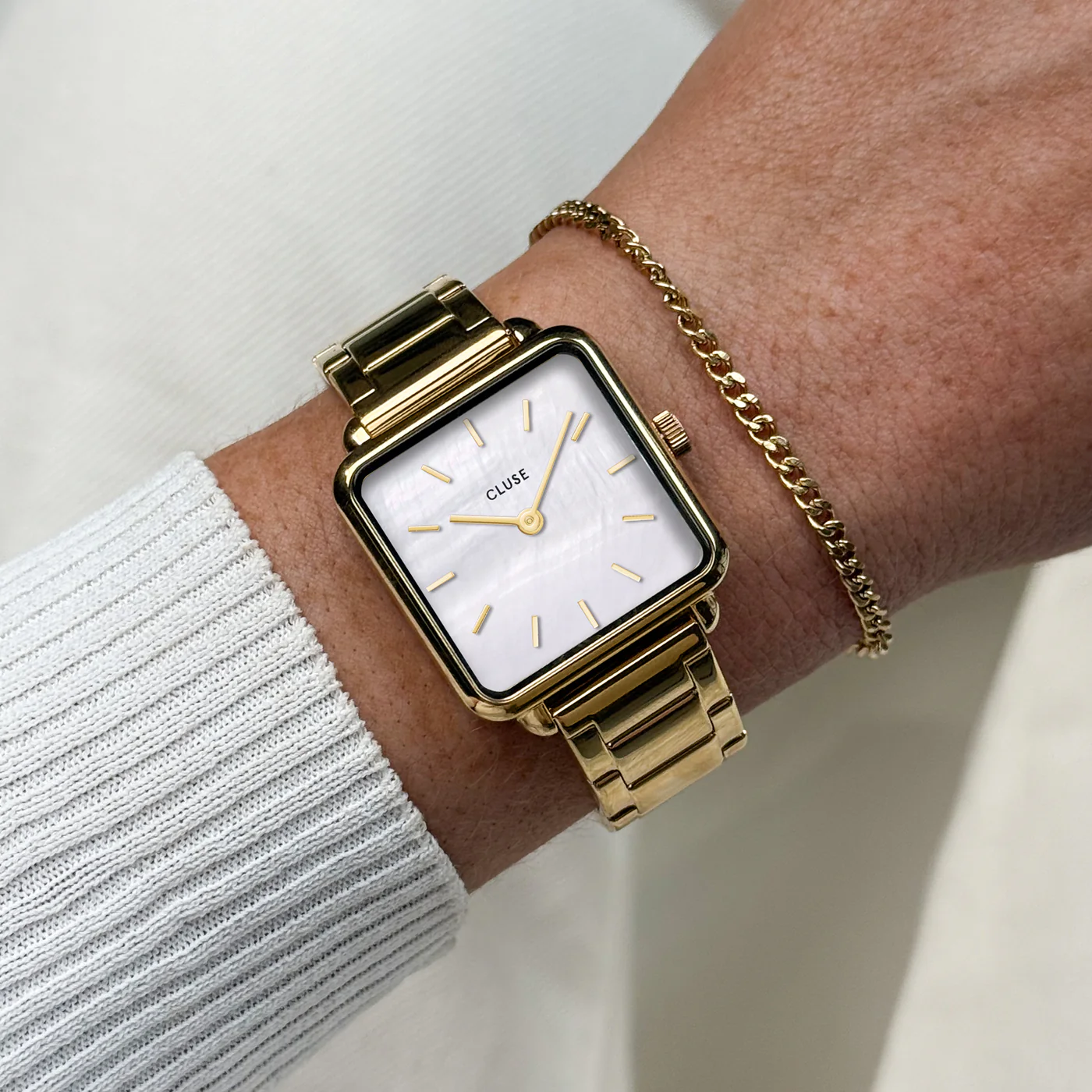 Gift Box La Tétragone Watch Steel, White Pearl & Curb Chain Bracelet, Gold Colour - Image 2