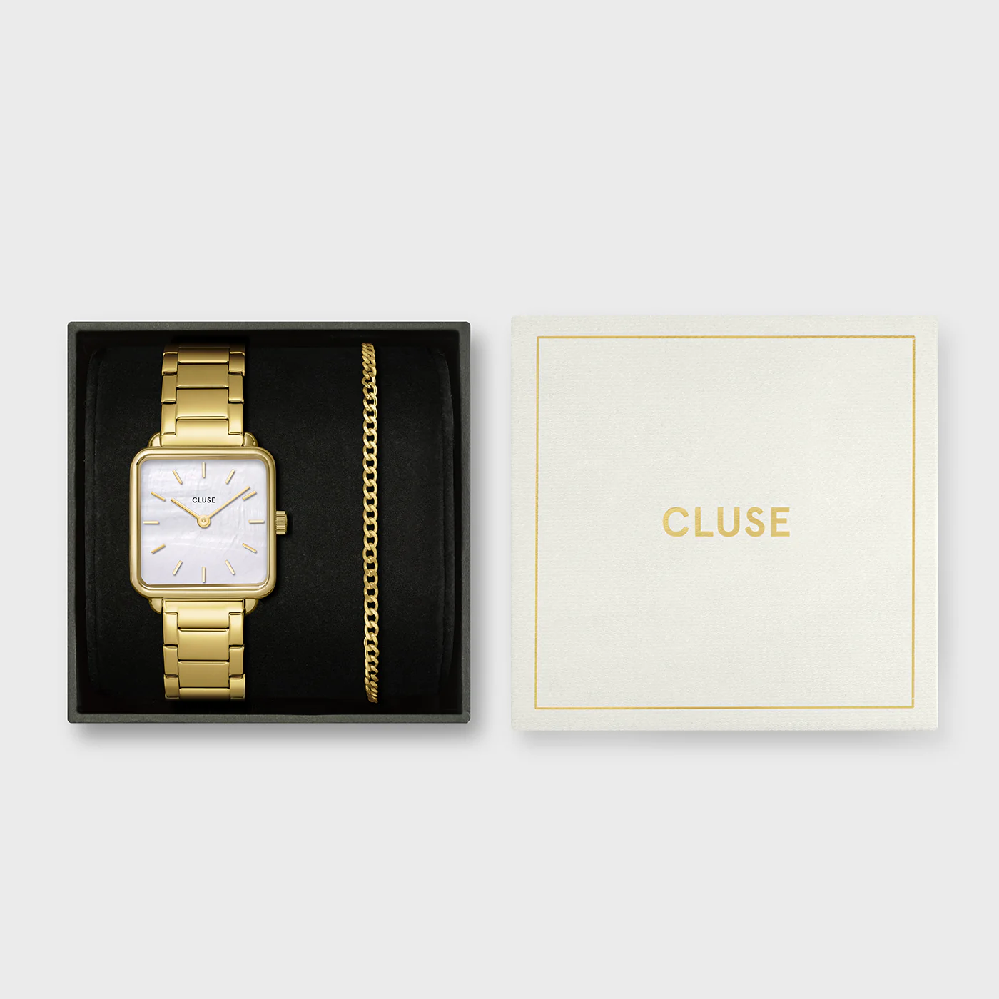 Gift Box La Tétragone Watch Steel, White Pearl & Curb Chain Bracelet, Gold Colour - Image 7