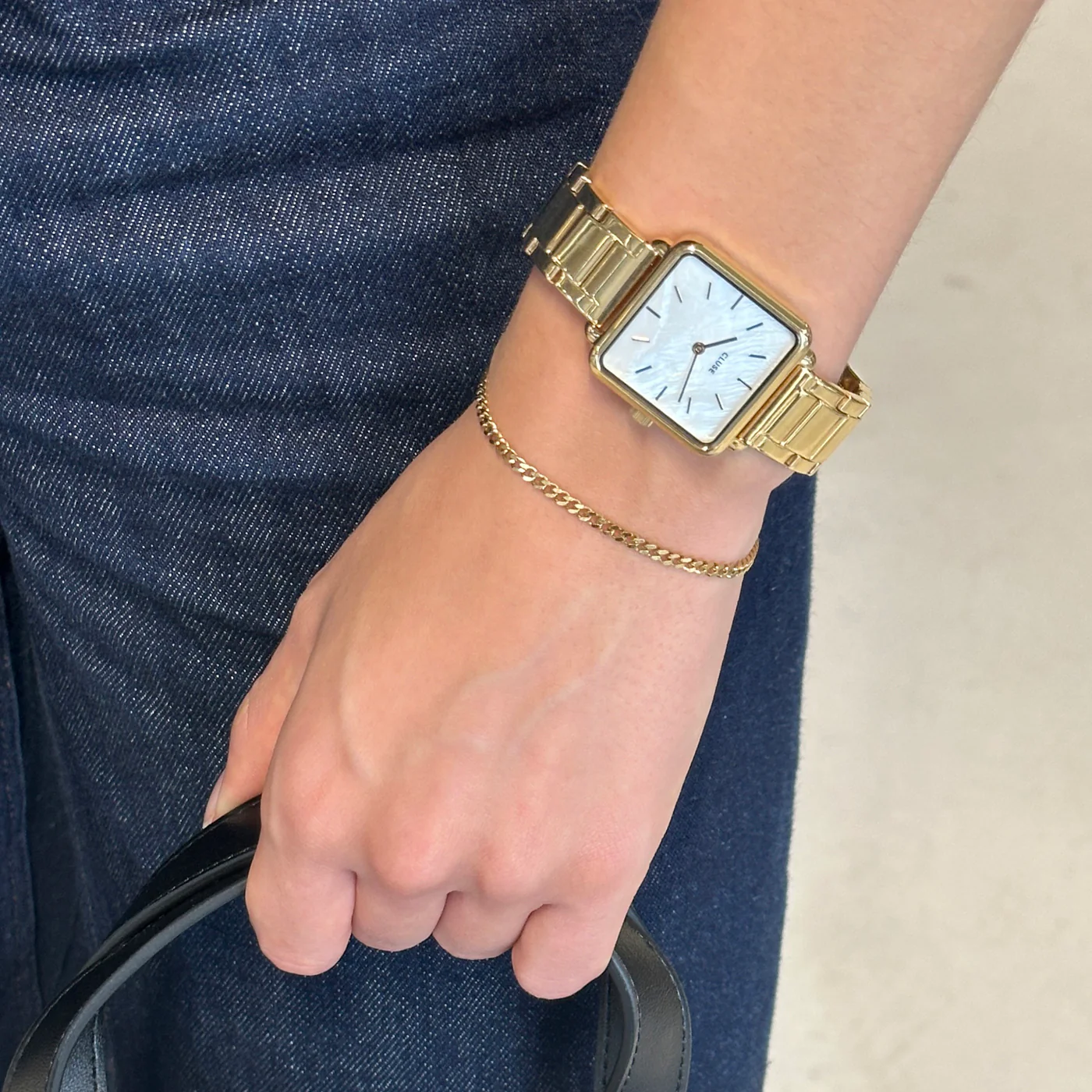 Gift Box La Tétragone Watch Steel, White Pearl & Curb Chain Bracelet, Gold Colour - Image 9