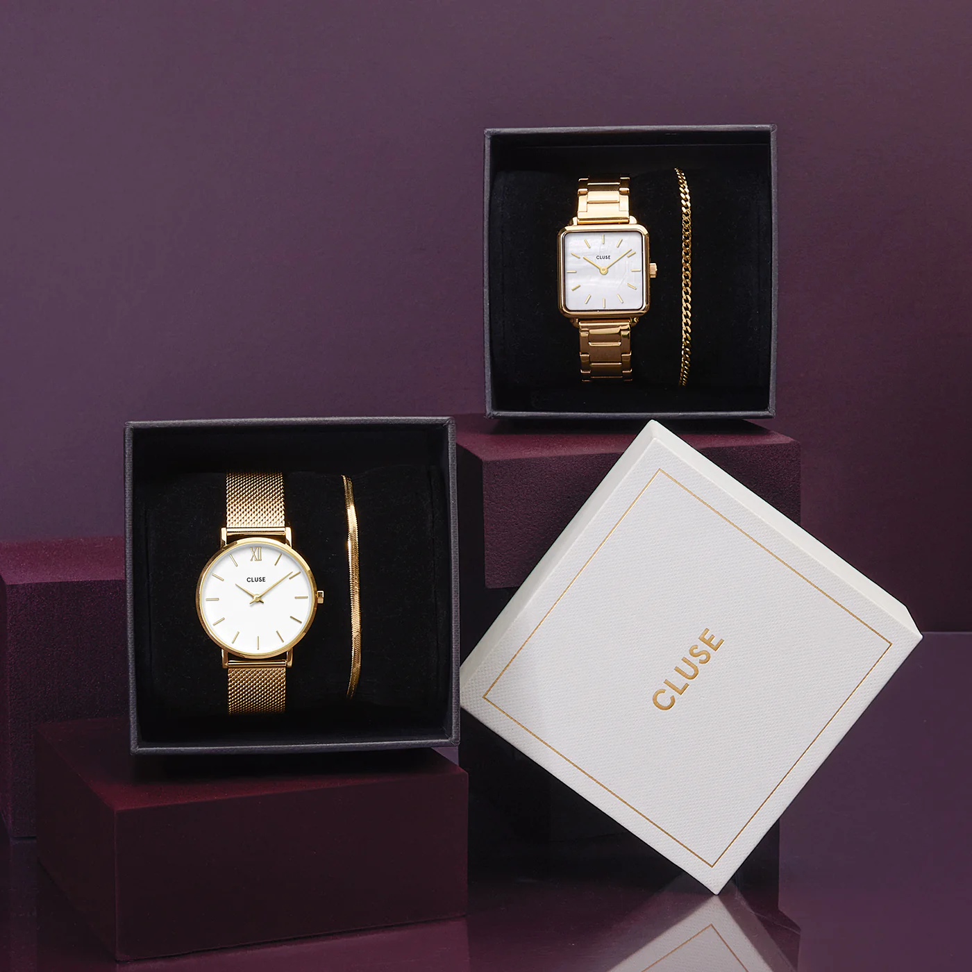 Gift Box Minuit Watch Mesh, White & Flat Snake Bracelet, Gold Colour - Image 11