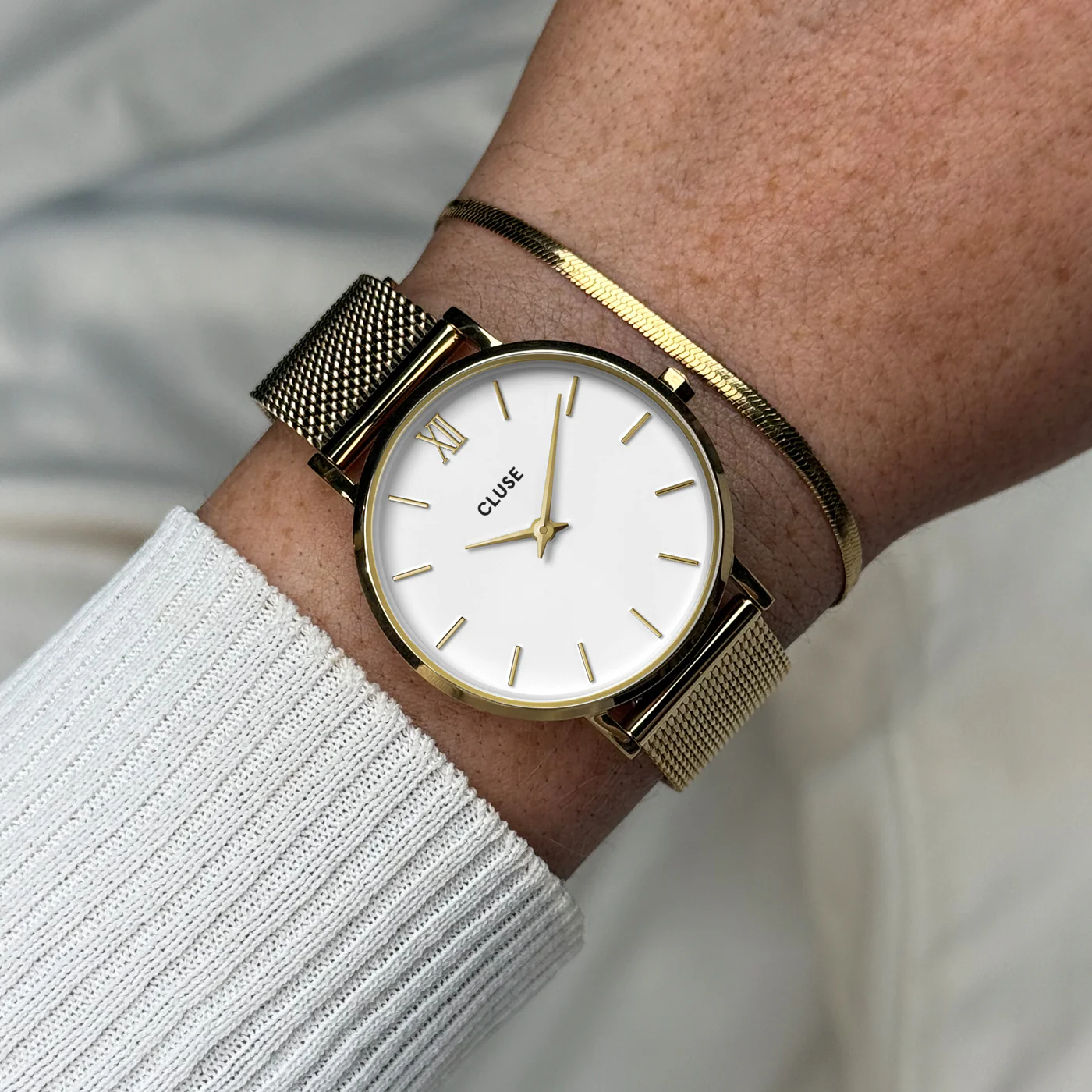 Gift Box Minuit Watch Mesh, White & Flat Snake Bracelet, Gold Colour - Image 2
