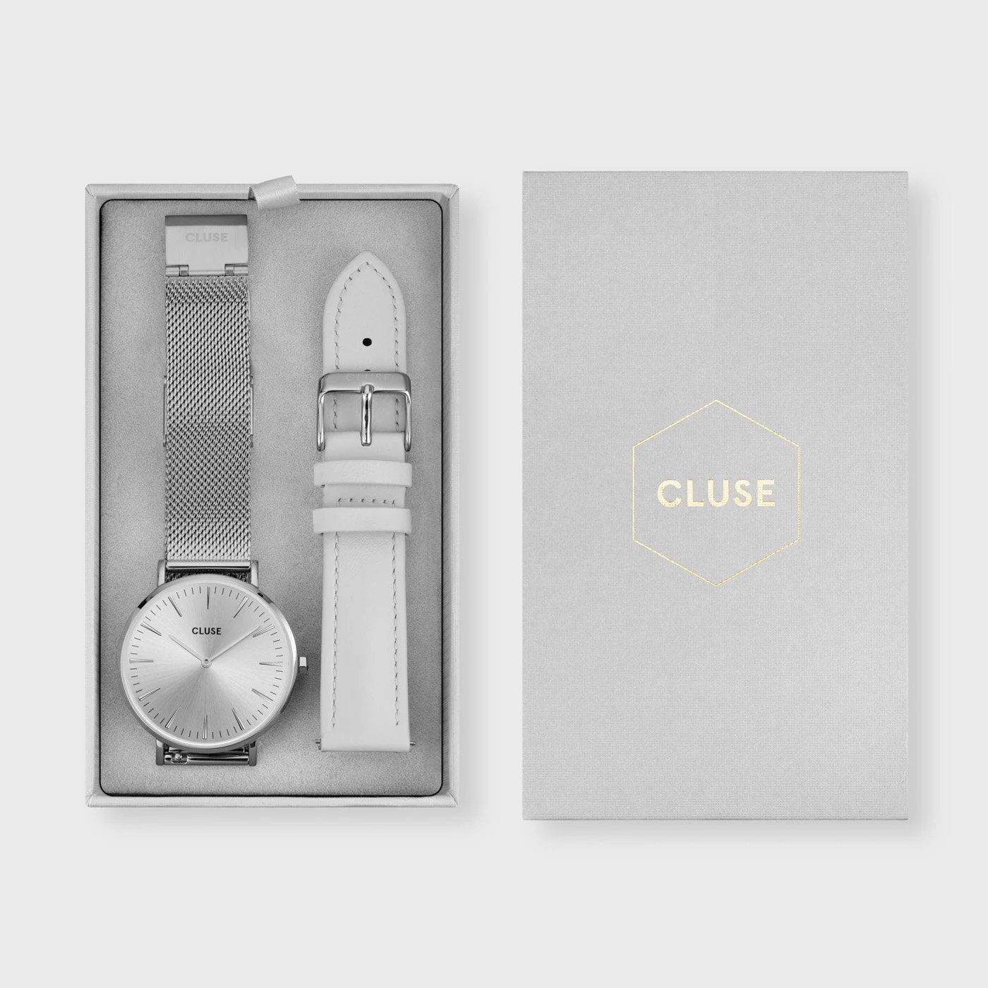 Gift Box Boho Chic Watch Mesh, Silver Colour & Grey Leather Strap - Image 6
