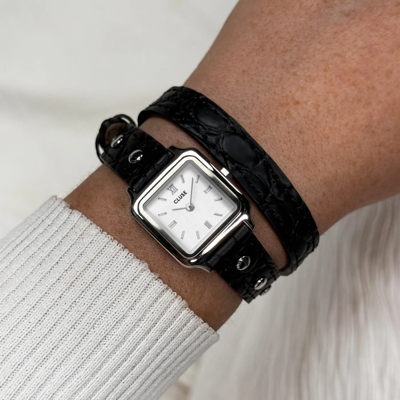 Gracieuse Mini Watch Double Leather Black, Studs, Silver Colour - Image 2