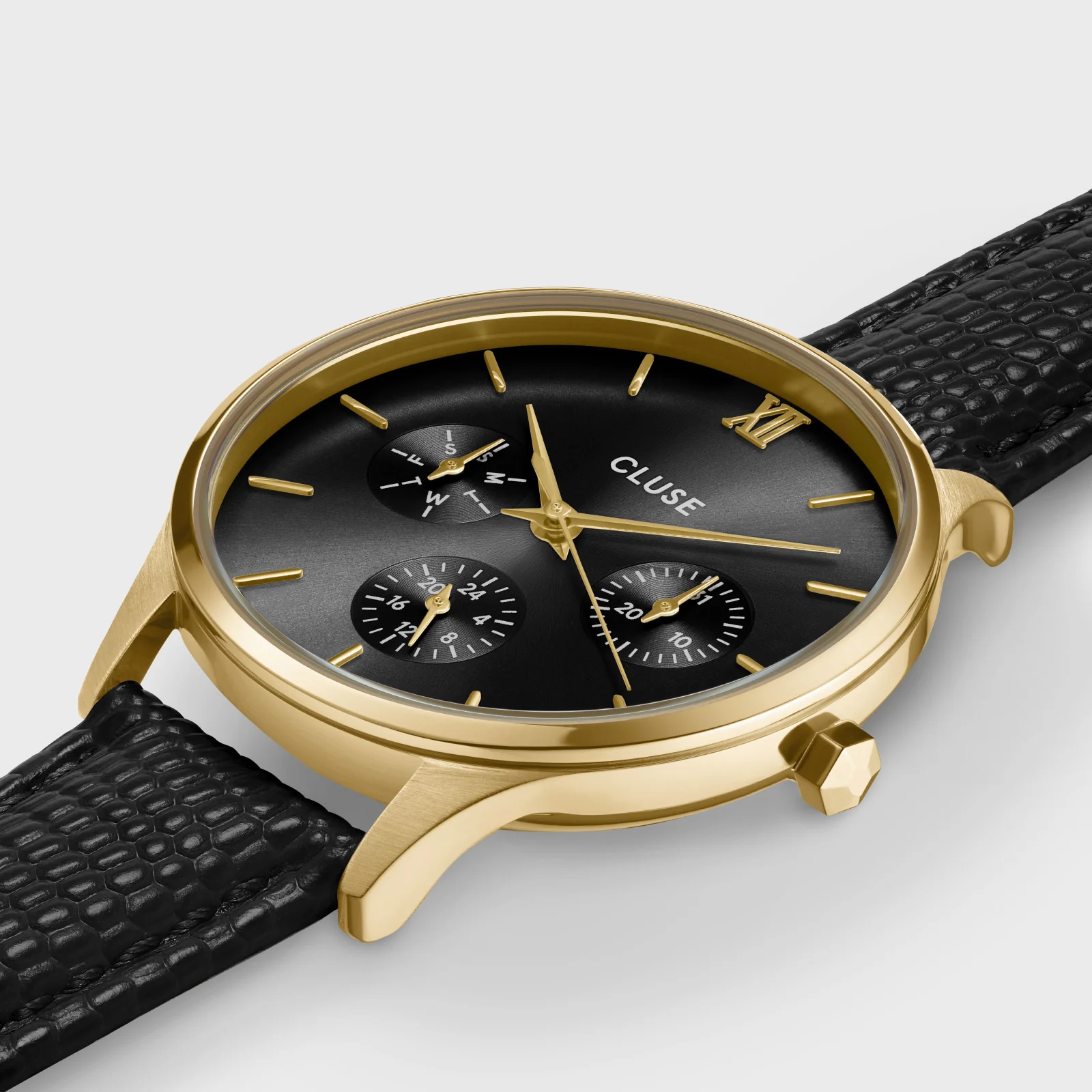 Minuit Multifunction Black Watch Leather, Black Lizard, Gold Colour - Image 3
