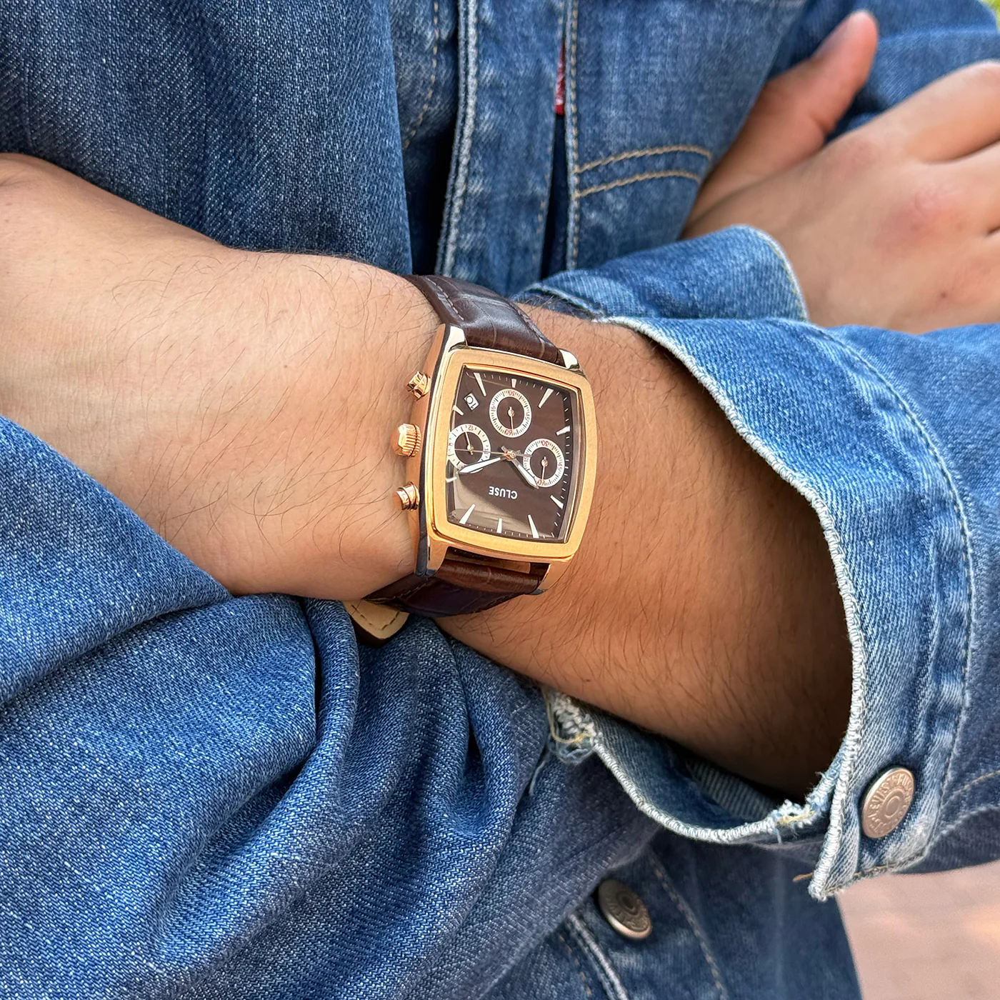 Quartaut Chrono Watch leather, Brown, Rose gold Colour - Image 7