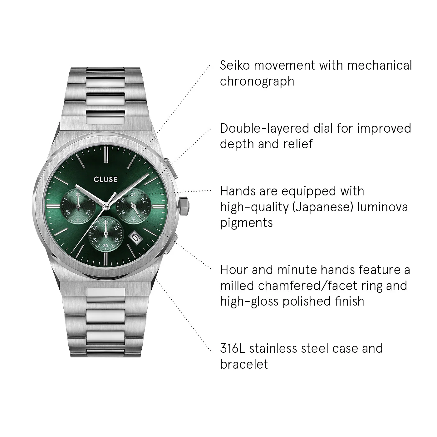 Vigoureux Chrono Watch Steel, Green, Silver Colour - Image 8