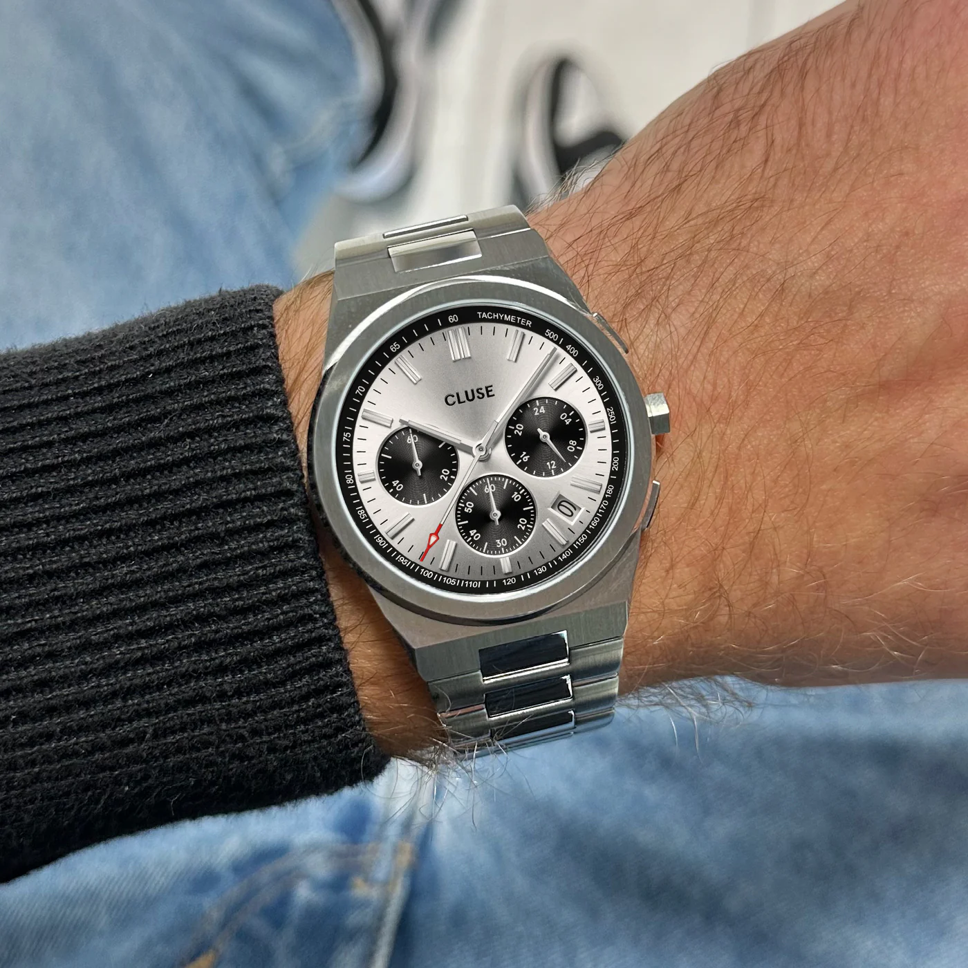Vigoureux Chrono Watch Steel, Black, Full Silver Colour - Image 6