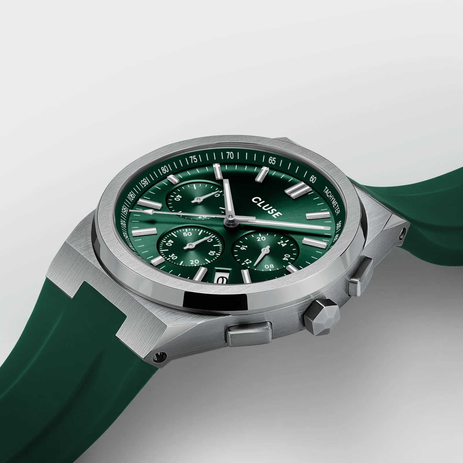 Vigoureux Chrono Watch Silicone Green, Silver Colour - Image 3