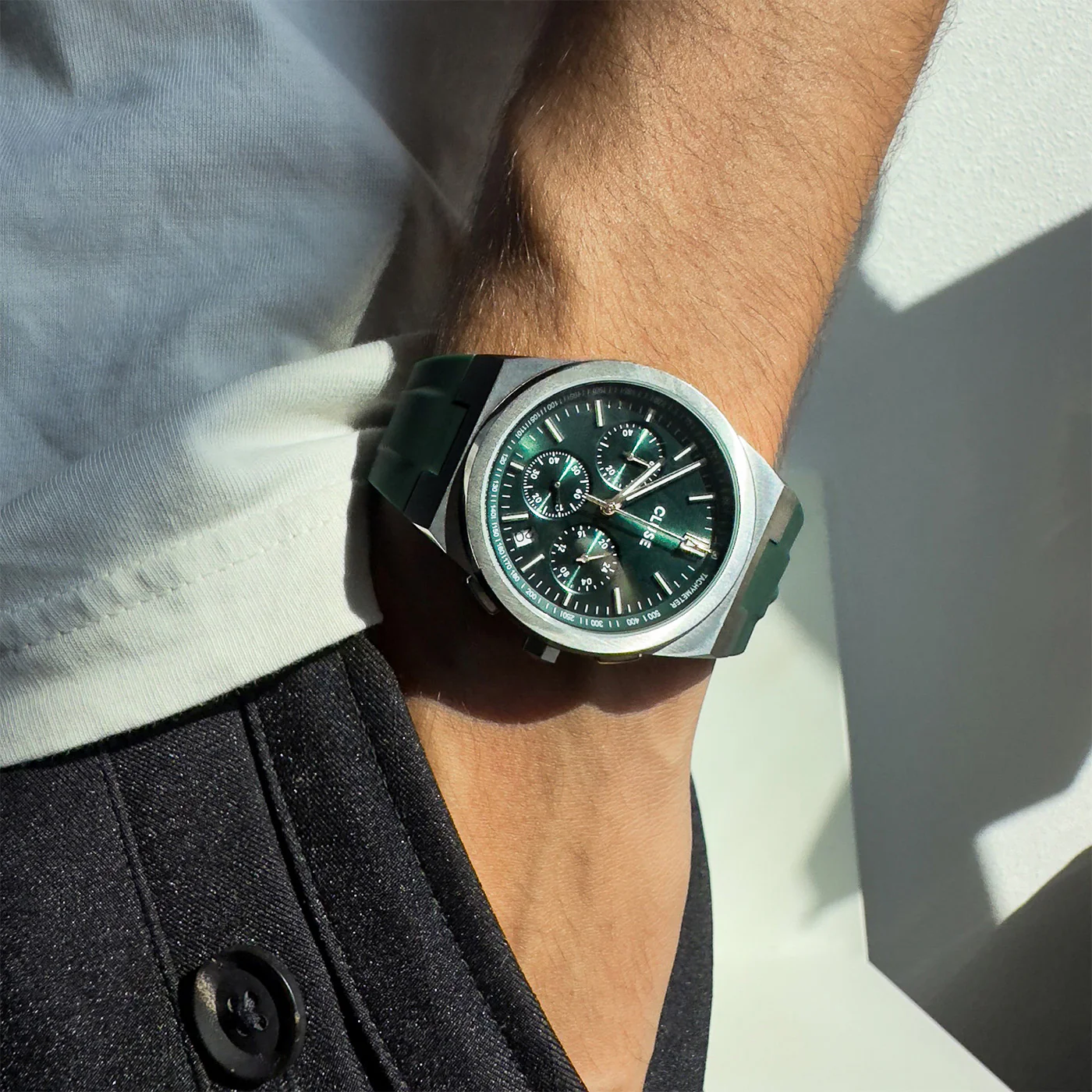 Vigoureux Chrono Watch Silicone Green, Silver Colour - Image 5