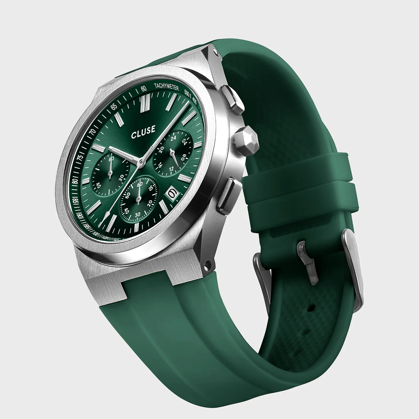 Vigoureux Chrono Watch Silicone Green, Silver Colour - Image 6