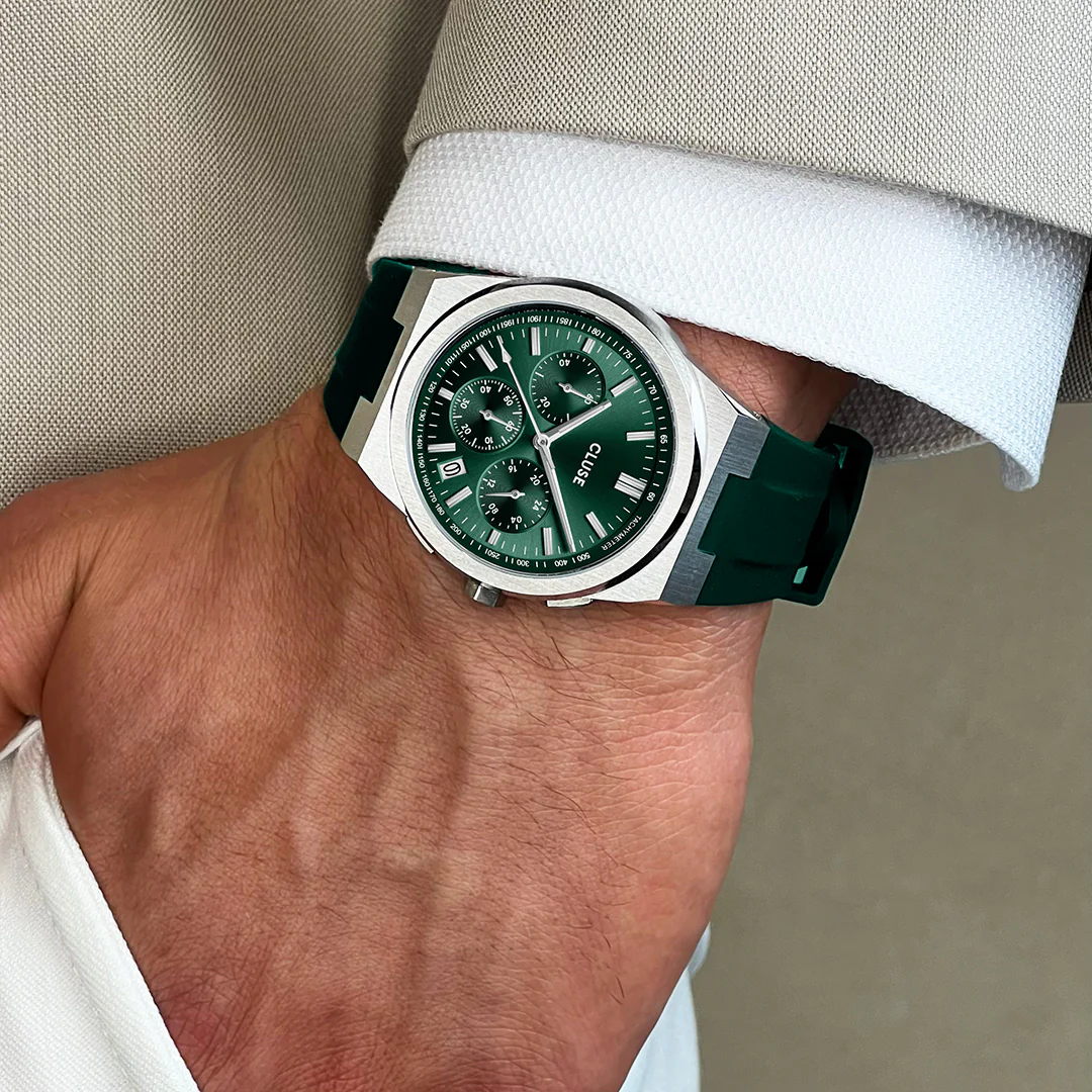 Vigoureux Chrono Watch Silicone Green, Silver Colour - Image 9